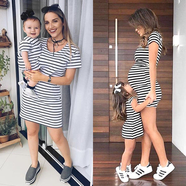 NEW Family Matching Outfits Mother&Daughter Dresses Women Baby Girls Striped Cotton Dress Casual Clothes Summer