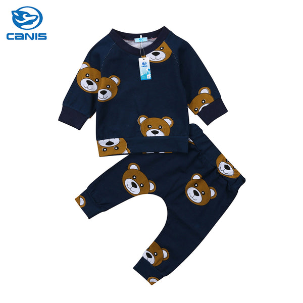 CANIS 2019 New Carton Bear Baby Boy Girl clothes set sweatshirt T-shirt Pants Legging Outfit for Newborn Infant Kid Clothing