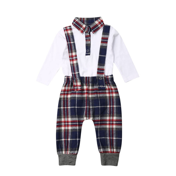 2019 New 2pcs Christmas Newborn Baby Boys Clothes Blouse Romper Plaids Bib Pants Outfits Set