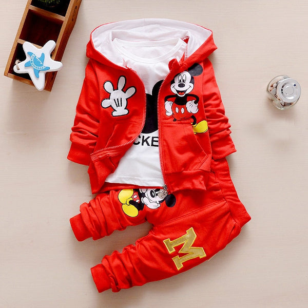 Baby Girl 3 Piece Sets Brand Mickey Mouse Outfit Boy Hooded Cardigan Coats + T-shirts + Pants Kids Bebes Jogging Suits Tracksuit