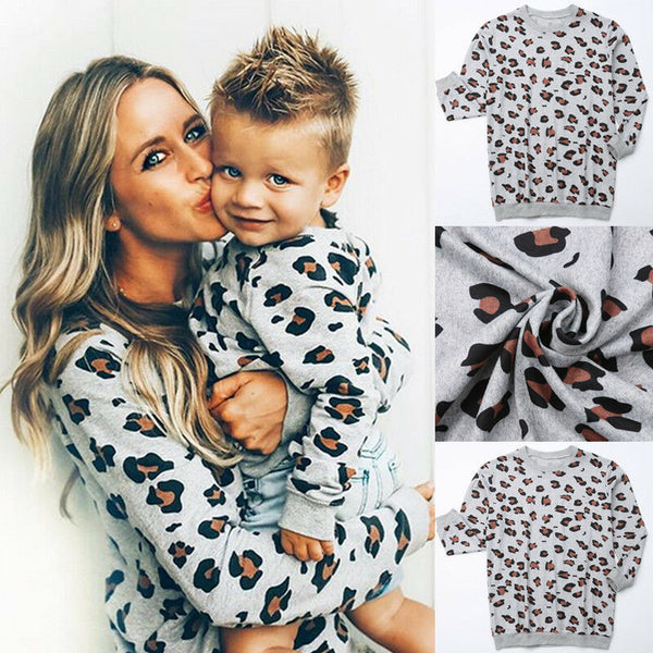 New Autumn Family Matching Outfits Mother Daughter Tops Fashion Leopard Print Casual Loose T Shirt Mom And Baby Kids Sweatshirt