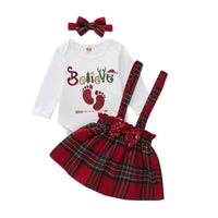 Toddler Baby Girl Clothes White Tops With Red Bow Bodysuit Strap Dress Red And plaid Children's Clothing Sets