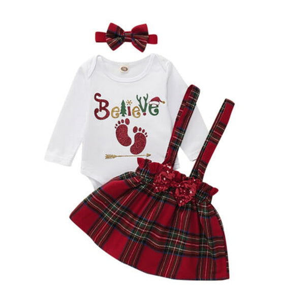 Toddler Baby Girl Clothes White Tops With Red Bow Bodysuit Strap Dress Red And plaid Children's Clothing Sets