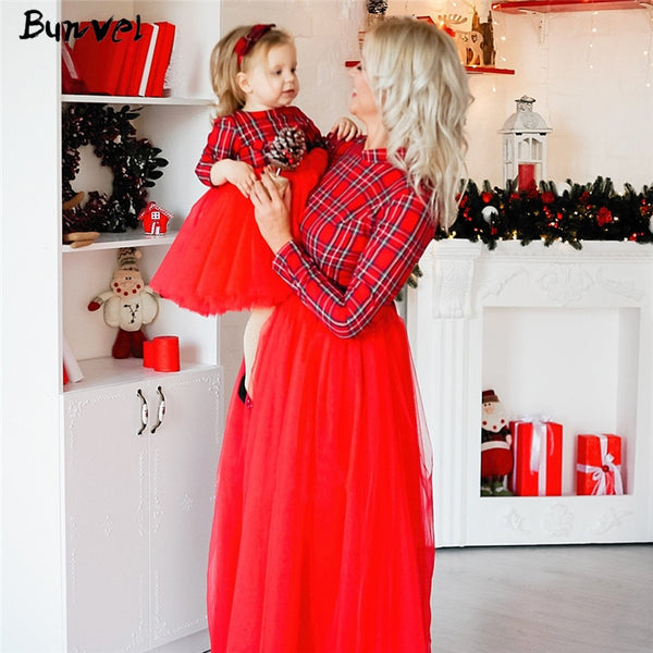 bunvel Christmas Mommy and Me Clothes Plaid Princess tutu Dress Baby Girl Dress Long Sleeve Mother Daughter Dresses Vestidos f