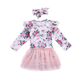 Cute Newborn Toddler Baby Girl Clothes Kids Girls Floral Fly Sleeve Tutu Lace Princess Dress and headband Outfits Set