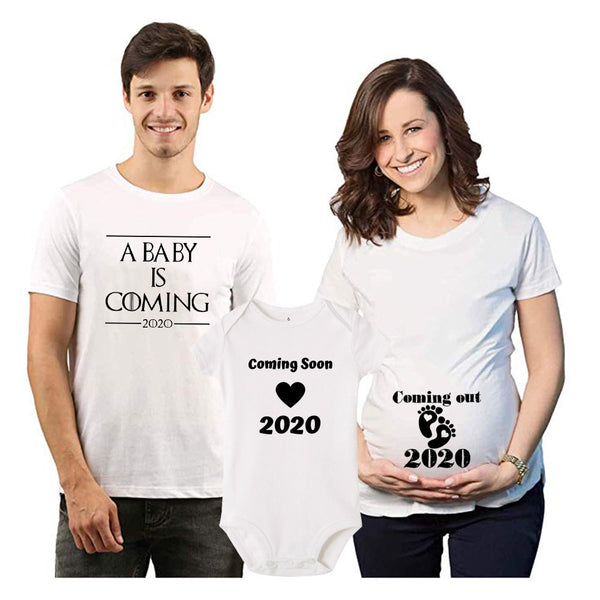 1pc A Baby Is Coming 2020 Anouncement Family Tshirt Baby Rompers New Mom Dad Tshirts Coming Soon Preganant Tops Tshirts Fashion