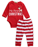 2Pcs Infant Baby My First Christmas Long Sleeve Romper Bodysuit+Stripe Long Pants Autumn Spring Outfits Clothes