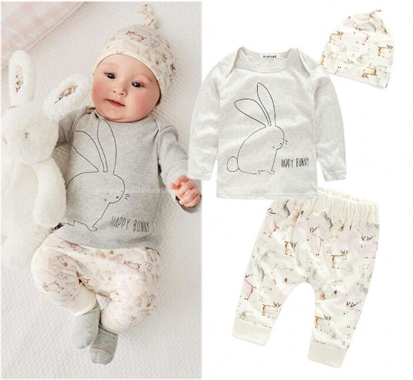 3Pcs Clothing Set!!2016 Wholesale New Infant Baby Boy Girl Bunny Long Sleeve Tops Cartoon Long Pants Hat Clothing