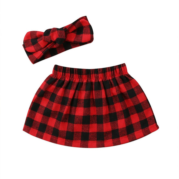 2017 Christmas Newborn Infant Baby Girl Red Plaid Skirt Headband 2PCS Outfit Xmas Clothes 0-24M