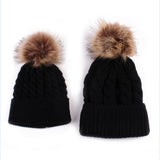 2pcs/set Knit Warm Winter Mother Kids Hats Family Matching Outfits Adult Baby Mother Child Knit Beanie Fur Pom Hat Crochet Cap