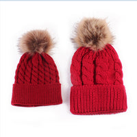 2pcs/set Knit Warm Winter Mother Kids Hats Family Matching Outfits Adult Baby Mother Child Knit Beanie Fur Pom Hat Crochet Cap