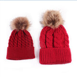 2pcs/set Knit Warm Winter Mother Kids Hats Family Matching Outfits Adult Baby Mother Child Knit Beanie Fur Pom Hat Crochet Cap