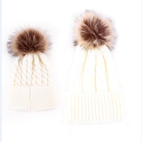 2pcs/set Knit Warm Winter Mother Kids Hats Family Matching Outfits Adult Baby Mother Child Knit Beanie Fur Pom Hat Crochet Cap