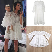 Puseky Spring Mother Daughter White Dresses Family Matching Clothes Outfits Hollow Out Lace Mon Baby Girl Long Sleeve Sundresses