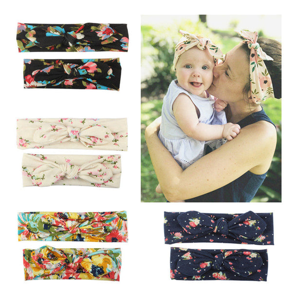 2 Pcs Floral Headwear Baby Girls Head Band Family Mom Kid Headbands Rabbit Ears Turban Hair Band Woman Kid Mother Hair Band E089