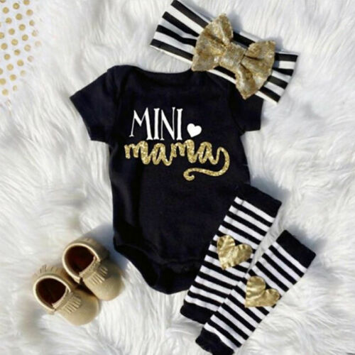 0-18M Baby Girl Bodysuit Letter Short Sleeve Striped Heart Leg Warmer Headband Outfits